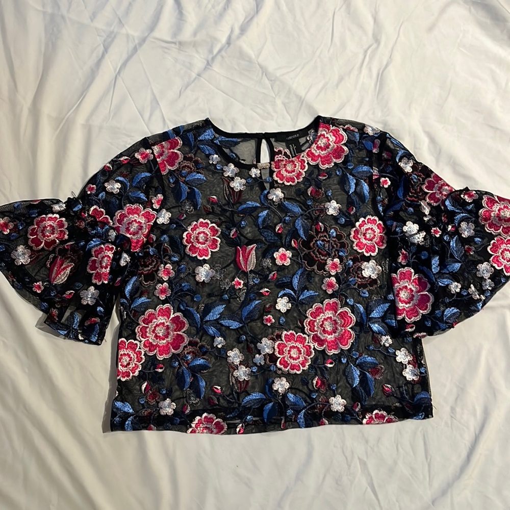 Floral pink/blue sheer top